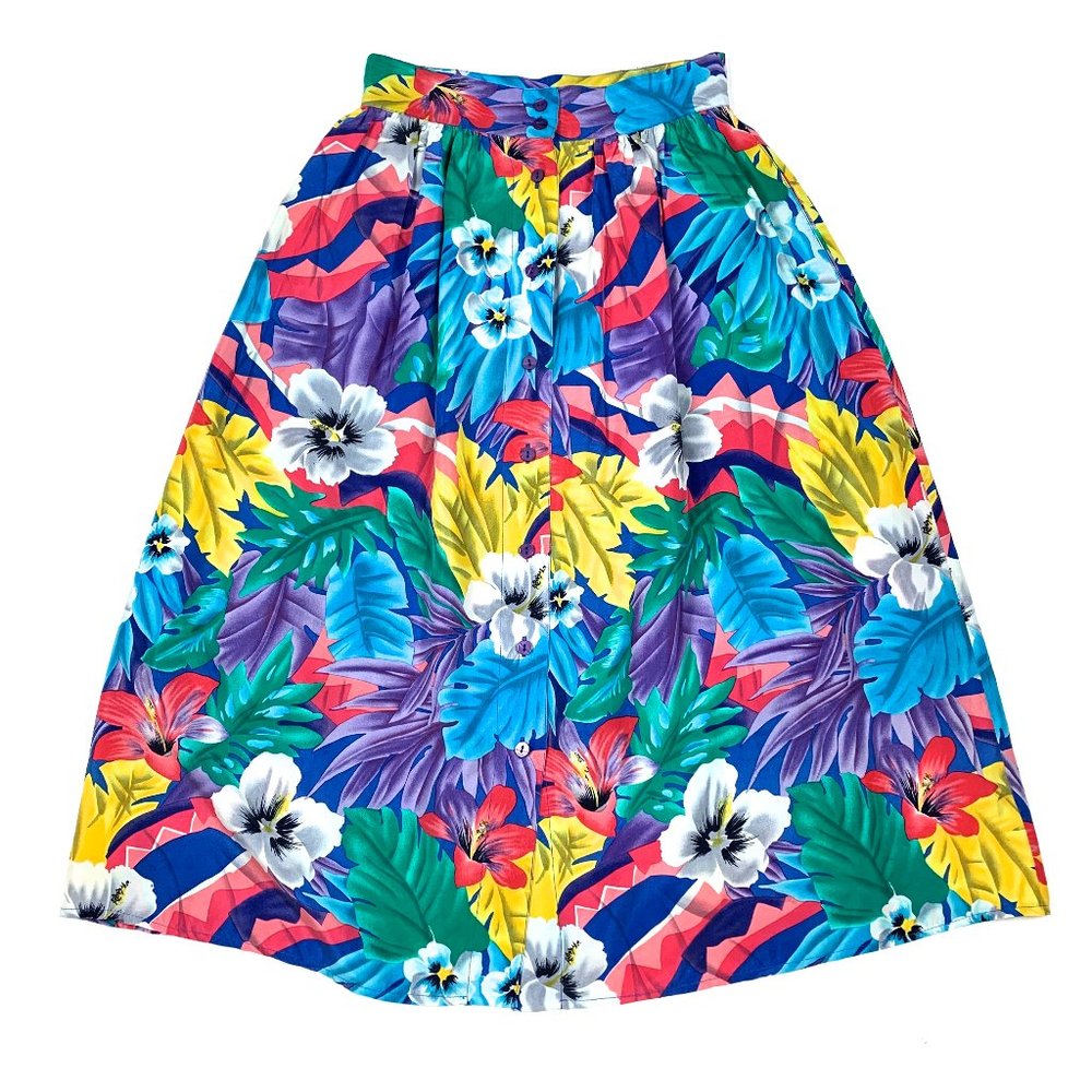 Vtg 90s Petite Floral Tropical 100% Silk Skirt